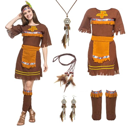 Indianer Kostüm Damen, Faschingskostüme Indianer Set mit Kleider, Stirnband, Halsketten, Ohrringe, Beinkleide, Gürtel für Herren und Damen, Indianerin Kostüm Set für Karneval Mottoparty von Carreuty