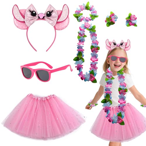 7 Stück Maus Tüllrock Kinder Kostüm Set, Mädchen Kostüm mit Rosa Tutu Pailletten Bogen Ohren Stirnband Sonnenbrille Hawaii Leis Ausgefallenes Kostüm Zubehör für Ostern Fasching Karneval Cosplay von Carreuty