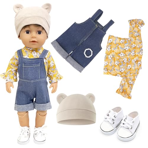 Puppenkleidung für Puppen, inklusive Oberteile Riemchenhosen Armbänder Schuhe Hüte, Gelbes Blumenset Puppenkleidung Overall Outfits für 35-43 cm Puppen, Geburtstagsgeschenk von Carreuty
