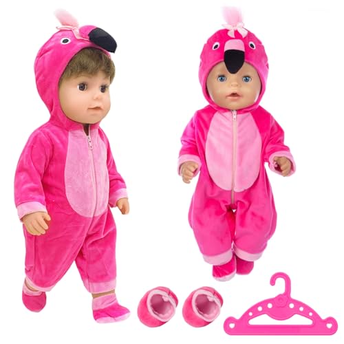 Carreuty Puppenkleidungs-Einteiler für 14–18 Zoll große Puppen, 35–45 cm, Flamingo-Babypuppenkleidung und Zubehör mit Flamingo-Hut + Socke + Kleiderbügel, Kleidungsoutfits für geborene Babypuppen von Carreuty
