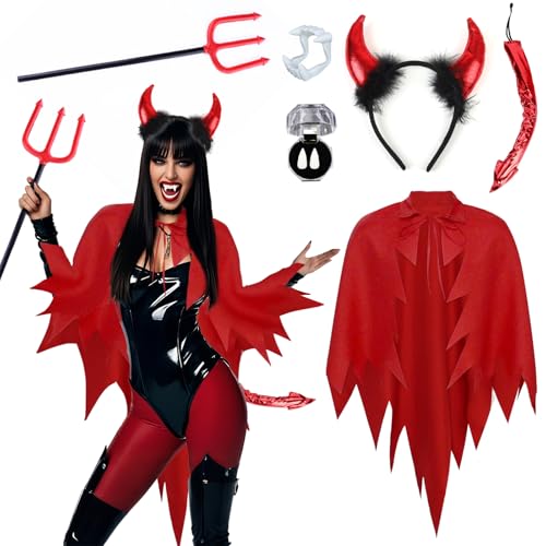 6 Stück Teufel Kostüm für Damen, 142 cm Rot Vampir Teufel-Umhang mit Teufelshörner Zauberstab 2 Zahnersatz Teufelkostüm Accessoires für Halloween Karneval Cosplay Party Fasching Verkleidung von Carreuty