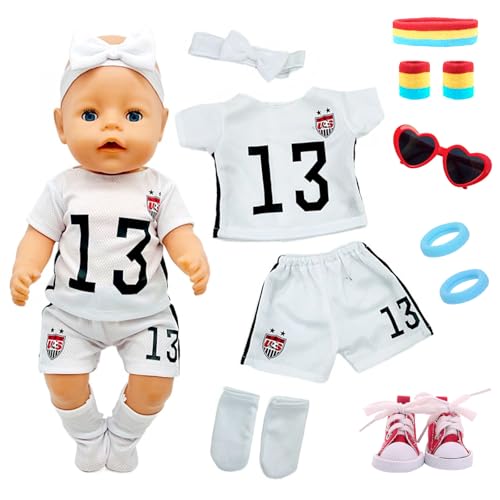 Puppenkleidung für 12-14 Zoll Baby Puppen, 12 Fußball Puppen Kleidung Zubehör mit Shirt Shorts Socken Schuhe Stirnband Haarbänder Bracers Fußball für 30-35 cm Neu Baby Puppe Kleidung Geschenk von Carreuty