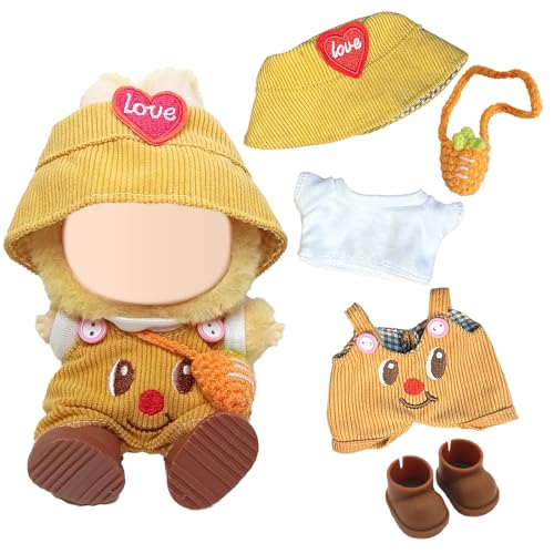 Kleidung Kompatibel mit Labubu Puppen, lächelt Latzhose T-Shirt Fischerhut Karotten-Tasche Schuhe für die 17 cm Mini Plüschpuppe, Puppen Nicht im Lieferumfang Enthalten von Carreuty