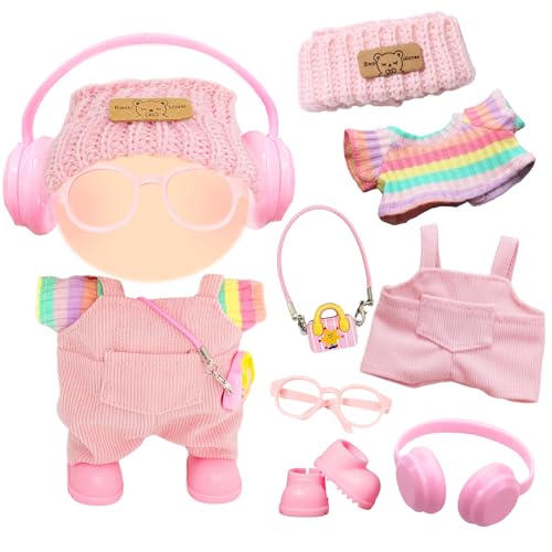 7 Stück 17cm Mini Niedlich Puppen Kleidung Set, Puppenkleidung Outfit Zubehör mit 1 Overall 1 Oberteil 1 Hut 1 Brille 1 Kopfhörer 1 Tasche 1 Paar Schuhe für Jungen Mädchen DIY Geschenk Halloween von Carreuty