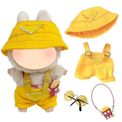 Kleidung Kompatibel mit Labubu Puppen, Overall mit verstellbaren Trägern Mütze Brille Popcorn-Anhänger für die 17 cm Mini Plüschpuppe, Nicht im Lieferumfang Enthalten Gelb Kleidung Kompatibel mit Labubu Puppen, Overall mit verstellbaren Trägern Mütze Brille Popcorn-Anhänger für die 17 cm Mini Plüschpuppe, Nicht im Lieferumfang Enthalten Gelb von Carreuty