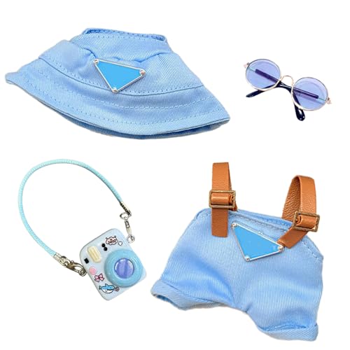 Carreuty Puppenkleidung für 17cm Puppen, Overall mit verstellbaren Trägern Mütze Brille Kamera-Anhänger für die 17 cm Minipuppe, Puppen Nicht im Lieferumfang Enthalten, Blau von Carreuty