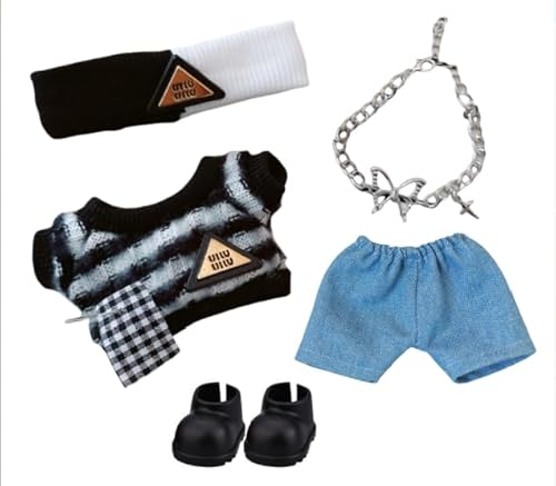 5 Stück Kleidung 17cm Plüsch Puppe, Modische Süße Puppenkleidung Zubehör mit Schwarz Weiß Gestreiftes Oberteil Dreiecksstirnband Jeans Schleifenkette und Schuhe Puppe Kleidung Set für Halloween DIY 5 Stück Kleidung 17cm Plüsch Puppe, Modische Süße Puppenkleidung Zubehör mit Schwarz Weiß Gestreiftes Oberteil Dreiecksstirnband Jeans Schleifenkette und Schuhe Puppe Kleidung Set für Halloween DIY von Carreuty
