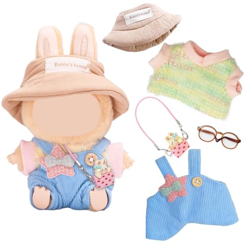 Kleidung Kompatibel mit Labubu Puppen, Buntes Kurzarmhemd Overall mit fünfzackigem Stern Mütze Brille Tasche für die 17 cm Mini Plüsch Puppen Plüschpuppe, Nicht im Lieferumfang Enthalten von Carreuty