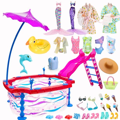 Puppe Kleidung und Zubehör, Puppe Pool mit Rutsche und Accessoires Meerjungfrauenrock Hawaii Badeanzug Bikini Schwimmring Puppen Meerjungfrau Schwimmset für 11,5 Zoll Puppen, für Kinder ab 3 Jahren Puppe Kleidung und Zubehör, Puppe Pool mit Rutsche und Accessoires Meerjungfrauenrock Hawaii Badeanzug Bikini Schwimmring Puppen Meerjungfrau Schwimmset für 11,5 Zoll Puppen, für Kinder ab 3 Jahren von Carreuty