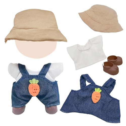 Puppenkleidung, 17 cm, 3 Stück, stilvolle Denim-Overall-Kleidung, Puppen-Outfit-Zubehör-Sets enthalten Haferflocken-Hut, weißes T-Shirt, Schuhe, Karotten-Denim-Overalls, niedliche Kleidung für Puppen Puppenkleidung, 17 cm, 3 Stück, stilvolle Denim-Overall-Kleidung, Puppen-Outfit-Zubehör-Sets enthalten Haferflocken-Hut, weißes T-Shirt, Schuhe, Karotten-Denim-Overalls, niedliche Kleidung für Puppen von Carreuty