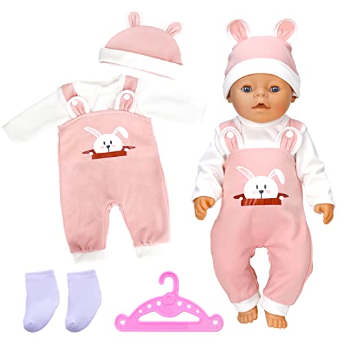 Puppenkleidung Puppenkleider Set für 14–17 Zoll Baby Puppen mit Hüte T-Shirts Latzhosen Socken Kleiderbügel Puppenzubehör für 36-43 cm Baby Puppen Ostern (Keine Puppe) Rosa von Carreuty