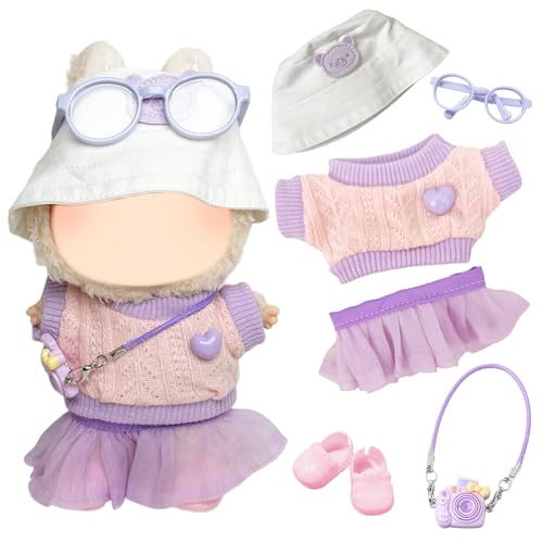 6 Stück Kleidung Kompatibel mit Labubu Puppen, T-Shirt mit Herz Tutu-Rock Hut Brille Kamera-Anhänger 1 Paar Schuhe für die 17 cm Mini Plüschpuppe, Nicht im Lieferumfang Enthalten Lila 6 Stück Kleidung Kompatibel mit Labubu Puppen, T-Shirt mit Herz Tutu-Rock Hut Brille Kamera-Anhänger 1 Paar Schuhe für die 17 cm Mini Plüschpuppe, Nicht im Lieferumfang Enthalten Lila von Carreuty