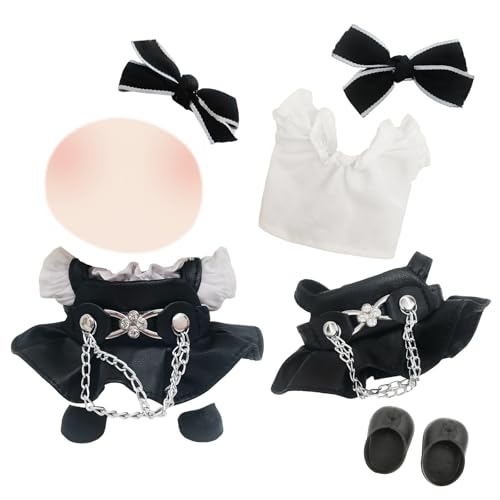 Puppenkleidung für 17 cm große Plüschpuppen, süßes Puppenkleidungszubehör-Set mit weißem, kurzärmligem schwarzem Leder, Schürze, Schleife, Haarspange, Schuhe für Mädchen und Jungen von Carreuty