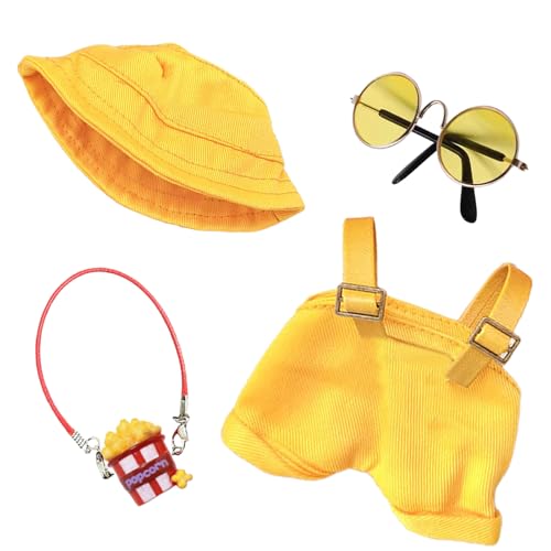 Kleidung für 17cm Puppen, Overall mit verstellbaren Trägern Mütze Brille Popcorn-Anhänger für die 17 cm Mini Plüschpuppe, Nicht im Lieferumfang Enthalten Gelb von Carreuty