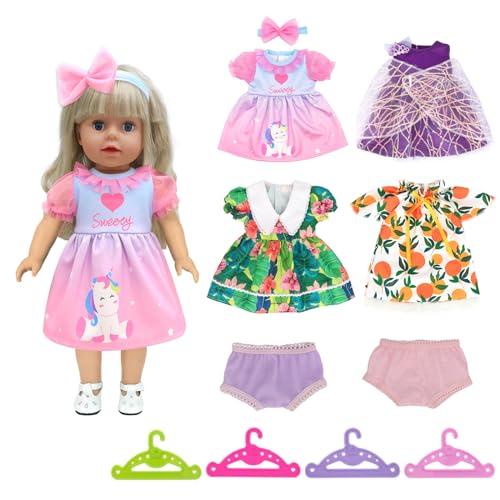 4 Pack Puppenkleidung für 35-43 cm Puppen, inklusive 4 Kleiderbügel 2 Unterhosen für New Born Baby Puppen, Süßes Babypuppenkleid Kompatibel mit Baby Annabell Nenuco von Carreuty