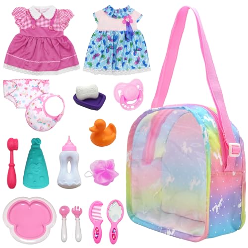 Baby Puppe Zubehör, Puppenkleidung Babypuppe Fütterung und Pflege Set Wickeltasche windel Lätzchen 2 Puppenkleidung Flaschen Essteller Besteck für 14-18 Zoll Baby Puppe, Mädchen Spielzeug Geschenk von Carreuty