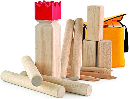 Carromco Kubb Wikingerschach Classic, aus hochwertigem Gummibaumholz mit wetterfester Tasche, Outdoor Spielzeug Wikinger Schach Holz Schwedenschach groß von Carromco