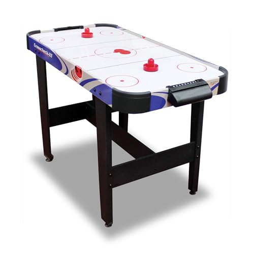 Carromco Airhockey Tisch Crosscheck-XT – Hochglanz Air Hockey Spielfeld, Belüftetes Spielfeld, Inkl. 2 Pusher & 2 Pucks, Maße 79x122x61 cm, Blau, Airhockey Tisch für Kinder & Erwachsene von Carromco