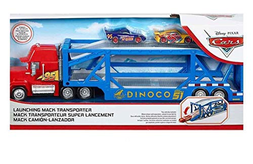 Disney Pixar Cars Launching Mack Transporter - Blue Dinoco Transporter Jalousien 15+ Autos - kommt mit Lightning McQueen Violett und Flash McQueen Gelb Rusteze von Mattel