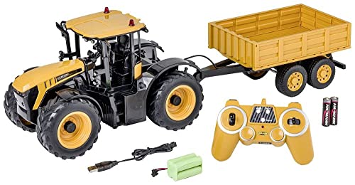 CARSON 500907654 - 1:16 RC Traktor JCB mit Anhänger 2.4G 100%RTR - Ferngesteuertes Fahrzeug, Traktor mit Funktionen Licht und Sound, Ferngesteuerter Traktor, Gelb von Carson