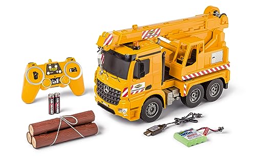 Carson 500907666 1:20 MB Arocs Kranwagen 100% RTR - Ferngesteuertes Fahrzeug, Lastwagen mit Funktionen Licht und Sound, inkl. Batterien und Fernsteuerung, 30 Minuten Fahrzeit, Gelb von Carson