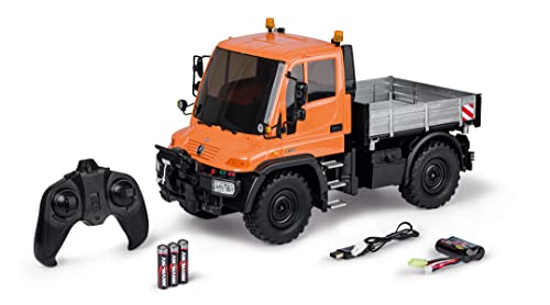 Carson 500907720 1:12 MB Unimog U300 2.4G 100% RTR - Ferngesteuertes Fahrzeug, RC Fahrzeug, RC Unimog mit Funktionen, 100% Komplettset orange von Carson