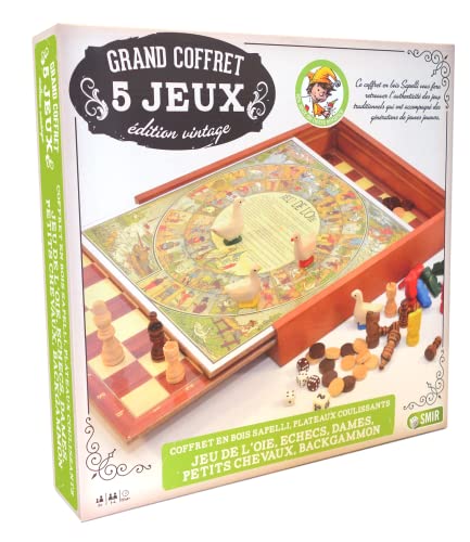 Smir – Sapelly-Box aus Holz – 5 traditionelle Spiele Vintage – Ganspiel – kleine Pferde – Schach – Backgammon – Damen – Schiebetablett & wendbar Smir – Sapelly-Box aus Holz – 5 traditionelle Spiele Vintage – Ganspiel – kleine Pferde – Schach – Backgammon – Damen – Schiebetablett & wendbar von Cartamundi France