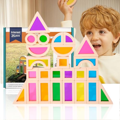 Cartlant 25 Stück Holzbausteine Montessori Spielzeug, Regenbogen Fensterbausteine Holz Acryl Bausteine Kinder, Bauklötze Spielsteine Sortier Stapelspielzeug Vorschulgeschenke Sensorik Bausteine von Cartlant
