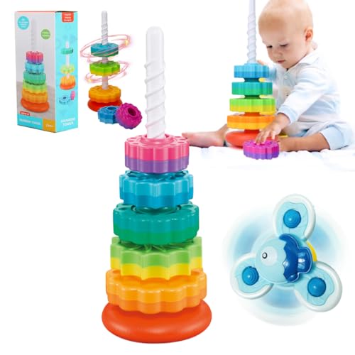 Cartlant Bunte Stapelturm mit Saugnapf Spielzeug Baby, Steckturm Motorik Kreative Pyramide Turm 5 Scheiben, Twisted Baby Steckspielzeug mit Spiralgewinde Kleinkind Ringstapelturm für Kinder von Cartlant