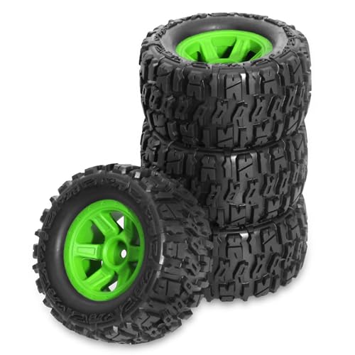 4 Stück Gummi Reifenrad 90 x 45 mm Sechskant-12 mm RC Ersatzteile universal für 1/14 1/16 TRAXXAS E-REVO RLAARLO MJX HBX WLtoys Buggy LKW RC Auto (grün) von Caruner