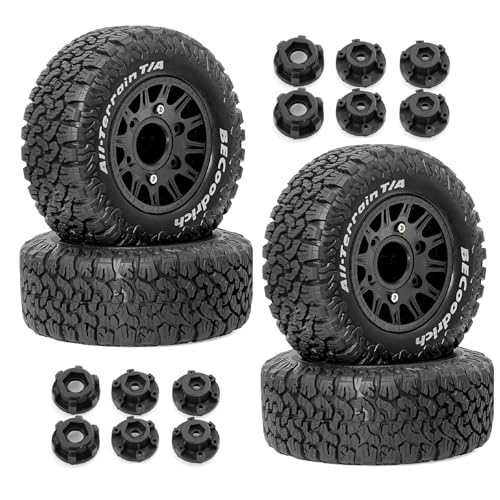 Gummi-Reifenrad, 113 x 48 mm, mit austauschbarem Sechskant-Adapter, 12 mm, 14 mm, 17 mm, RC-Ersatzteile für 1/10 Traxxas Arrma HQtoys 727 Remo Hobby LOSI UD Kurzstrecken-LKW RC Auto, Schwarz, 4 Stück Gummi-Reifenrad, 113 x 48 mm, mit austauschbarem Sechskant-Adapter, 12 mm, 14 mm, 17 mm, RC-Ersatzteile für 1/10 Traxxas Arrma HQtoys 727 Remo Hobby LOSI UD Kurzstrecken-LKW RC Auto, Schwarz, 4 Stück von Caruner