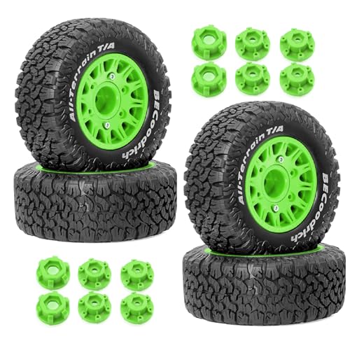 Gummi-Reifenrad, 113 x 48 mm, mit austauschbarem Sechskant-Adapter, 12 mm, 14 mm, 17 mm, RC-Ersatzteile für 1/10 Traxxas Arrma HQtoys 727 Remo Hobby LOSI UD Kurzstrecken-LKW RC Auto (grün), 4 Stück von Caruner