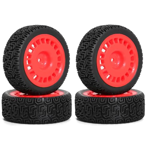 Gummireifenrad-Set, 68 x 26 mm, Sechskant-Nabe, 12 mm, RC-Ersatzteile für Tamiya TT01 XV02 Kyosho 1/10 Touring Rally RC Rennwagen, Rot, 4 Stück von Caruner