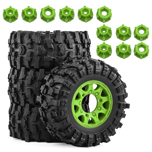 Gummireifenrad mit austauschbarem 12 mm, 14 mm, 17 mm Sechskant-Adapter, RC-Ersatzteile für 1/10 ARRMA Senton TRAXXAS Slash Short Course Truck RC Car (grün), 4 Stück von Caruner