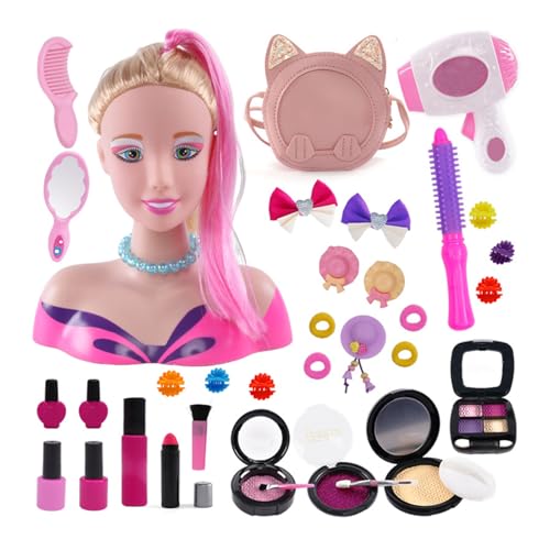 Make-up-Set für Kinder mit Barbie-Kopf, Friseur-Set für Mädchen, 35-teilig, Puppe + Make-up, Lernspielzeug 3-8 Jahre, kreatives Geschenk (A) von Carziyer