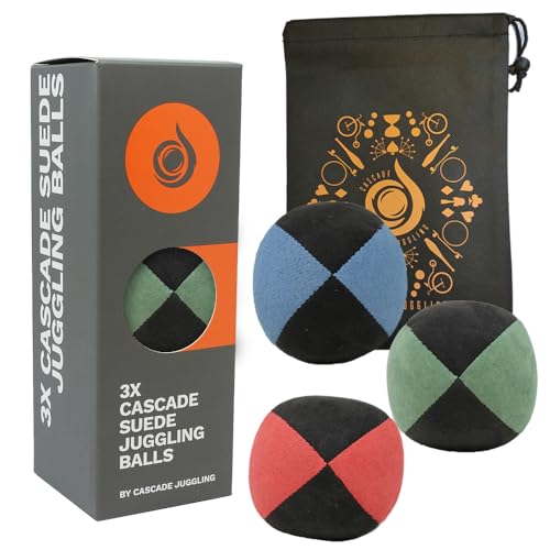 Cascade Juggling 3 x Pro 110 g Cascade Wildleder-Jonglierbälle – Qualität Thud Jonglierbälle & Tasche – Set mit 3 Anfänger-Jonglierbällen (Rot, Blau, Grün/Schwarz) von Cascade Juggling