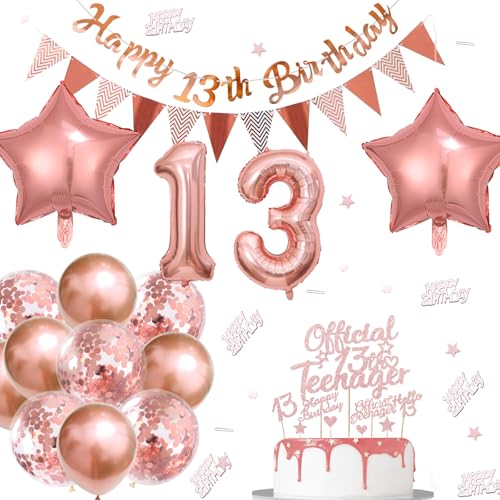 Catelves Geburtstagsdeko 13 Geburtstag Mädchen,Rosegold Deko 13. Geburtstag Mädchen Teenager,mit Happy 13th Birthday Banner,Cake Topper 13 Jahr,Luftballon Offizielle Teenager,Happy Birthday Konfetti von Catelves