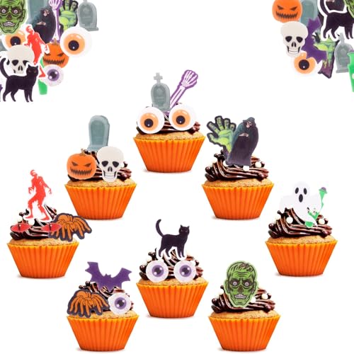 Catelves 60 Stück Geist Tortendeko Halloween Deko Kuchen Essbar, Halloween Cupcake Deko Essbare Rip Muffin Dekoration, Esspapier Tortendeko Horror Dekorationen, Geist Kuchendeko Halloweenparty von Catelves
