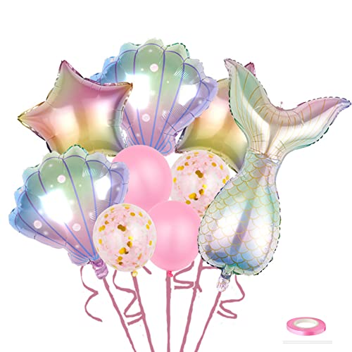 Catelves 9 Stücke Meerjungfrau Luftballon Set, Meerjungfrau Geburtstag Deko, Meerjungfrau Folienballon Thema Geburtstagsfeier Dekoration, Latex Konfetti Luftballons mit Band von Catelves