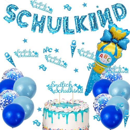 Catelves Schulanfang Deko Einschulung Junge,Blau Einschulung Deko Set,Endlich Schulkind Tortendeko,Schulkind Girlande,100 Schulanfang Konfetti,12 Luftballon,Zuckertüte Folienballon für Schuleinführung von Catelves