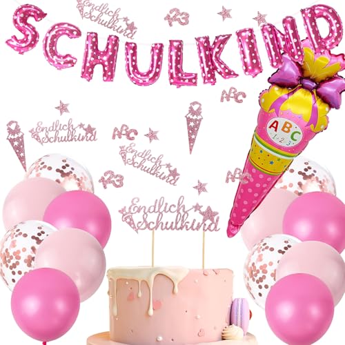 Catelves Einschulung Deko Schulanfang Mädchen,115 Stück Endlich Schulkind Deko Rosa Set,Schulkind Girlande,Tortendeko Einschulung,100 Stück Konfetti Schulanfang,Zuckertüte Folienballon,12 Luftballon von Catelves