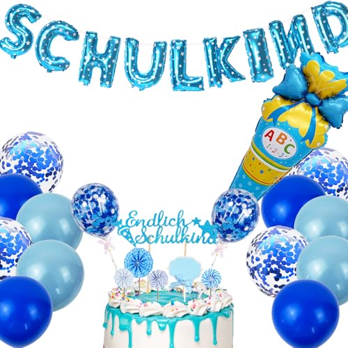 Catelves Einschulung Deko Schulanfang Junge,Schulkind Deko Junge Blau,12 Tortendeko Einschulung,Schulkind Girlande,Zuckertüte Schulanfang Folienballon,12 Ballon für Schuleinführung Einschulungsfeier von Catelves