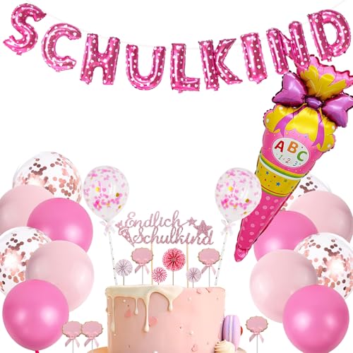 Catelves Einschulung Deko Schulanfang Mädchen,Schulkind 2025 Mädchen Deko,12 Tortendeko Einschulung,Schulkind Girlande,Zuckertüte Schulanfang Folienballon,12 Ballon Schuleinführung Einschulungsfeier von Catelves
