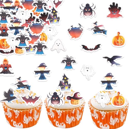 Catelves Halloween Tortendeko - 48 Stück Essbare Cupcake Topper, Fledermaus Muffin Deko, Esspapier für Party von Catelves
