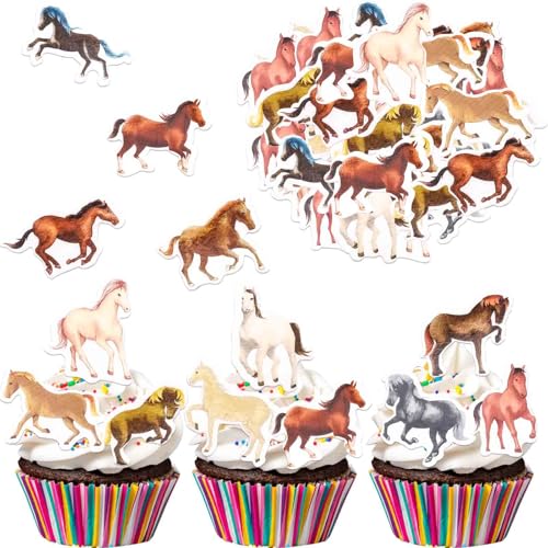 Catelves 48 Stück Essbare Tortendeko Pferd Geburtstagsdeko,Pferd Kuchen Deko Essbare,Esspapier Pferd Tortendeko,Pferd Cupcake Topper,Pferd Muffin Deko Essbar für Kindergeburtstag,Pferd Party Deko von Catelves