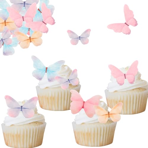 Catelves Essbare Schmetterlinge Tortendeko Geburtstag,55 Stück Essbare Schmetterlinge für Torte Bunt,Esspapier Schmetterling Deko Torte Hochzeit,Cupcake Topper Schmetterling Kuchen Deko Essbar Taufe von Catelves