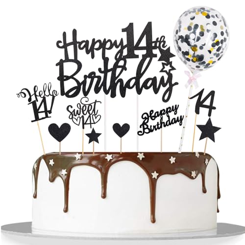 Catelves Tortendeko 14 Geburtstag Junge Mädchen,10 Stk Happy 14th Birthday Cake Topper Schwarz,Glitzer Kuchen Deko Geburtstag 14 Jahre Junge,Torten Deko 14 Geburtstag Teenager Junge,Cupcake Deko 14 von Catelves