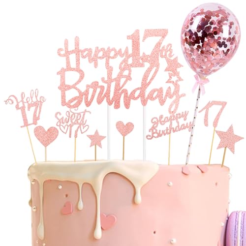 Catelves Tortendeko 17 Geburtstag Mädchen Junge,10 Stk Glitzer Kuchendeko Geburtstag 17 Jahre Mädchen,Happy 17th Birthday Cake Topper Roségold,Torten Deko 17. Geburtstag Mädchen,17 Geburtstag Deko von Catelves