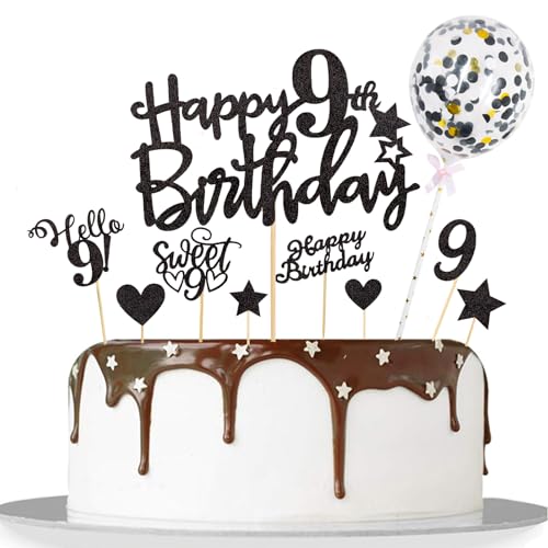 Catelves Tortendeko 9 Geburtstag Junge Mädchen,10 Stk Glitzer Kuchendeko Geburtstag 9 Jahre Mädchen,Happy 9th Birthday Cake Topper Schwarz,Sweet 9 Torten Deko mit Stern Herz Konfetti-Ballons von Catelves