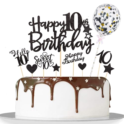Catelves Tortendeko 10 Geburtstag Junge Mädchen,10 Stk Glitzer Kuchendeko Geburtstag 10 Jahre Mädchen,Happy 10th Birthday Cake Topper Schwarz,Sweet 10 Torten Deko Geburtstagsdeko 10 Jahre Junge von Catelves